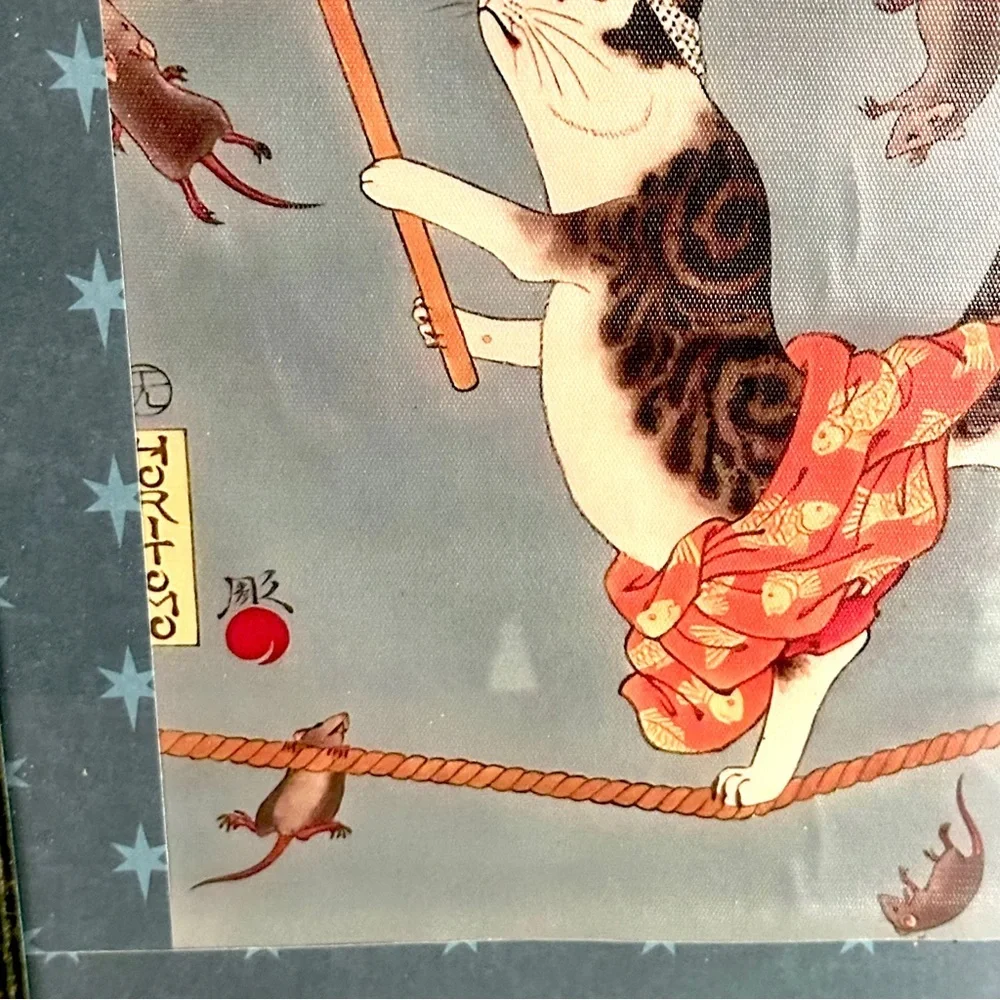 Japanese Cat on the High Wire Umbrella Mice Rat Tattoo Style Canvas Print Framed